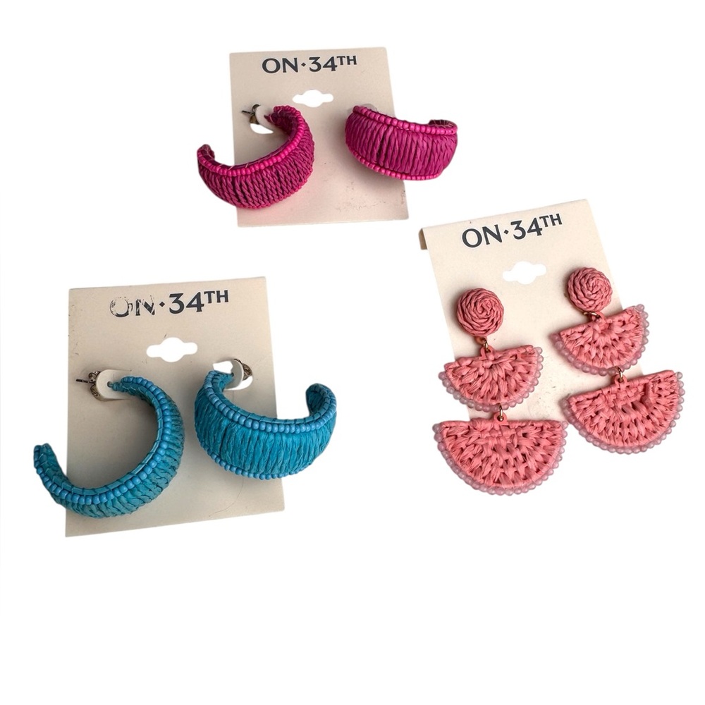 ON 34th BluePink Woven Open Hoop Beaded Details & Pink Woven Drop Tower Earrings